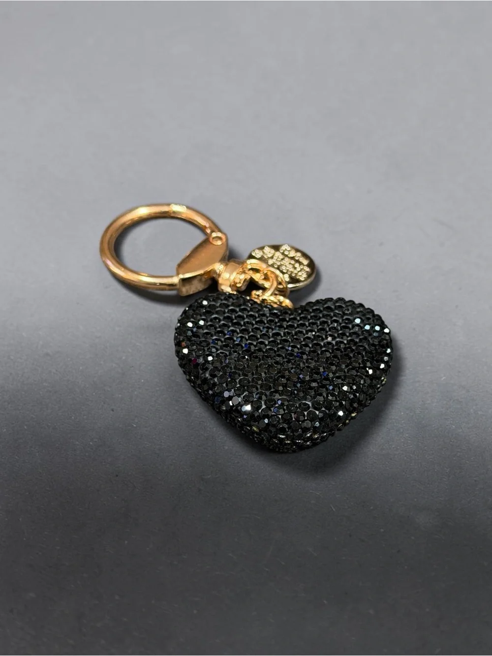 Crystal Heart Keychain Bag Charm - Gold Hardware, Black Crystal Heart